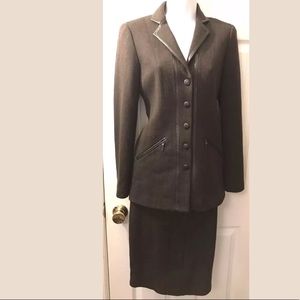 New WORTH Brown Wool Leather Trim Pencil Skirt Blazer Suit Set Knit Workwear NWT